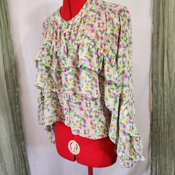 Green and Pink Ruffle Long Sleeve Button Up Oversize Woman's Blouse Size XL - Picture 3 of 6